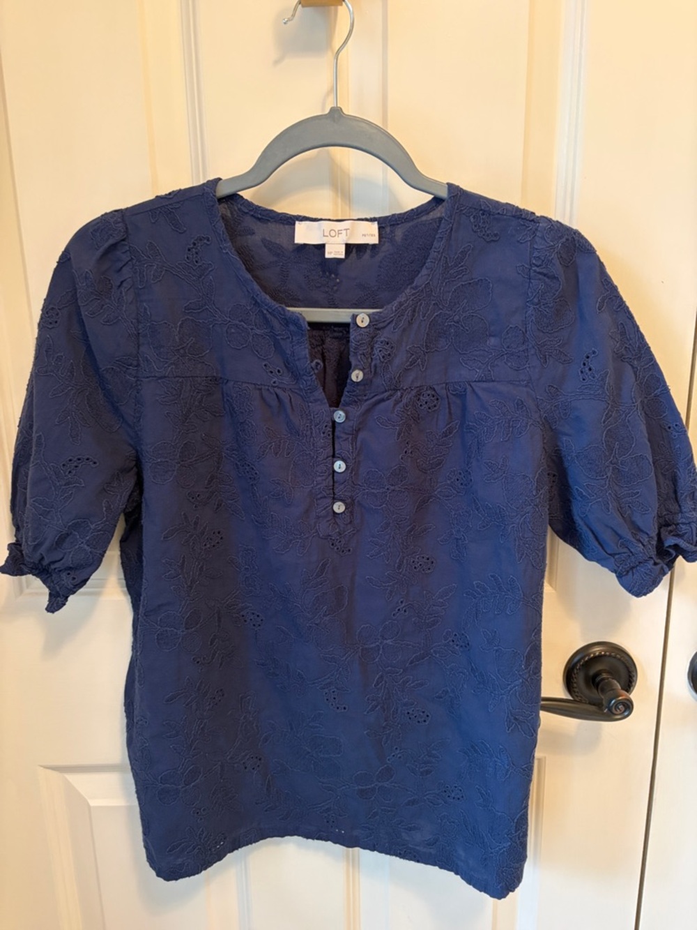 LOFT Navy Embroidered Puff-Sleeve Henley Blouse Size PM